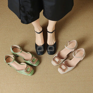 Women's Cotton Fabric Square Toe Buckle Strap Closure Shoes