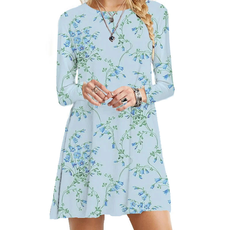 Women's Polyester O-Neck Long Sleeves Mini Casual Vintage Dress