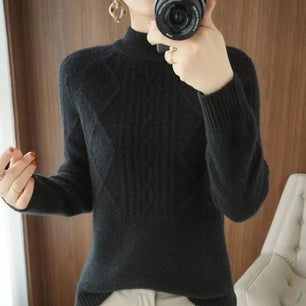 Women's Acrylic Mock-Neck Full Sleeves Knitted Pattern Sweater