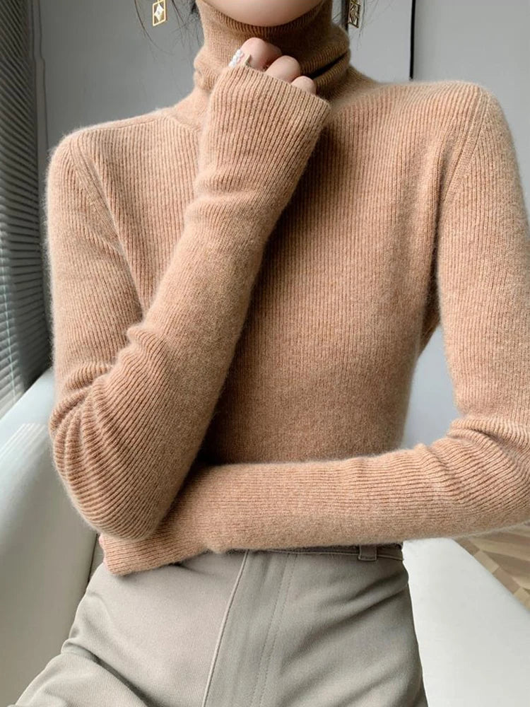 Women's Acrylic Turtleneck Long Sleeves Solid Pattern Sweater