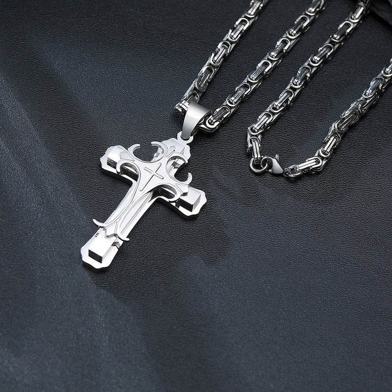 Men's Metal Stainless Steel Link Chain Religious Cross Necklace