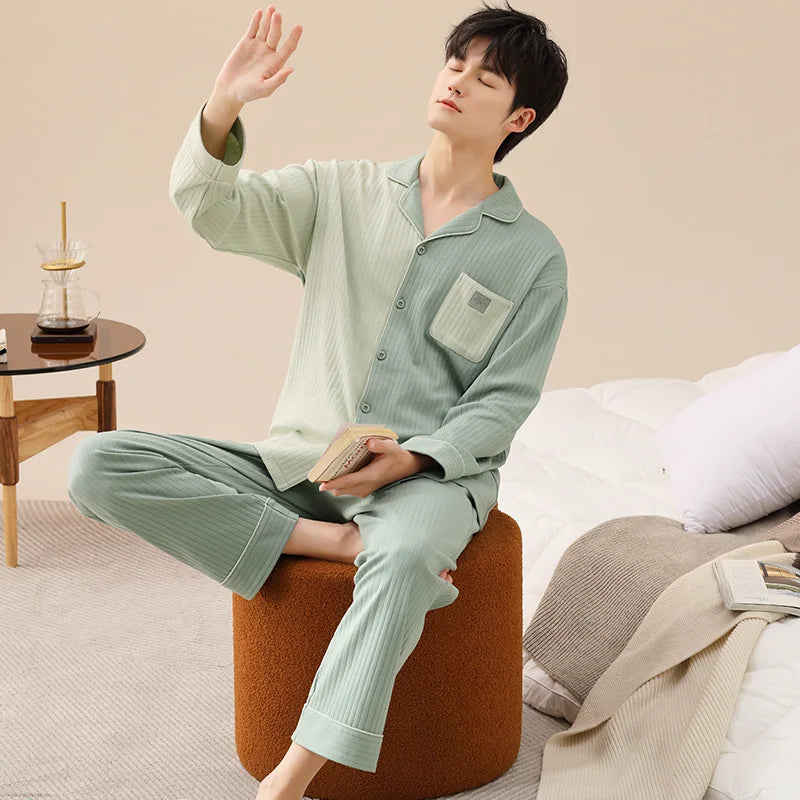 Men's Cotton Turn-Down Collar Long Sleeve Striped Sleepwear Set