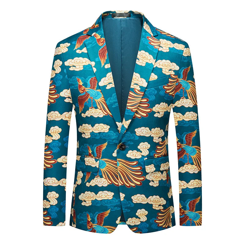 Men's Notched Collar Long Sleeve Printed Single Breasted Blazers