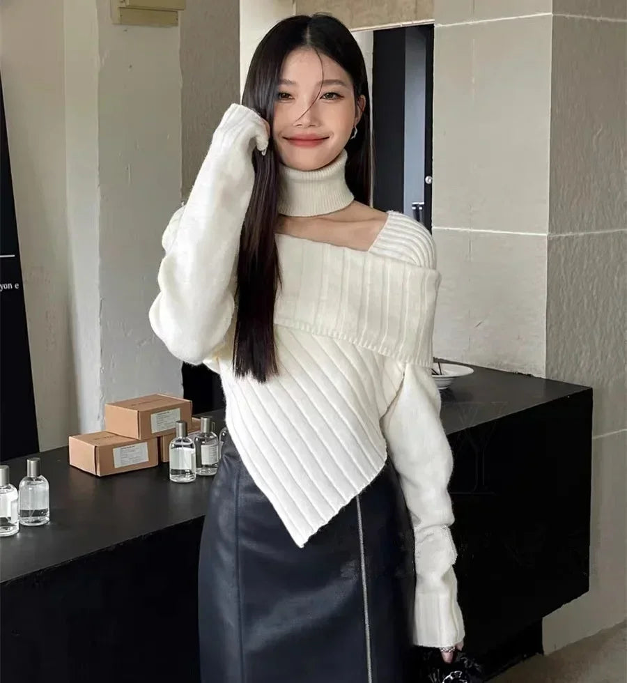 Women's Cotton Turtleneck Long Sleeves Solid Pattern Sweater