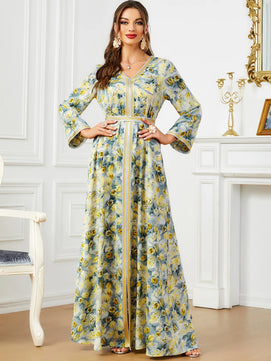 Women's Arabian Polyester Full Sleeves Floral Pattern Dress