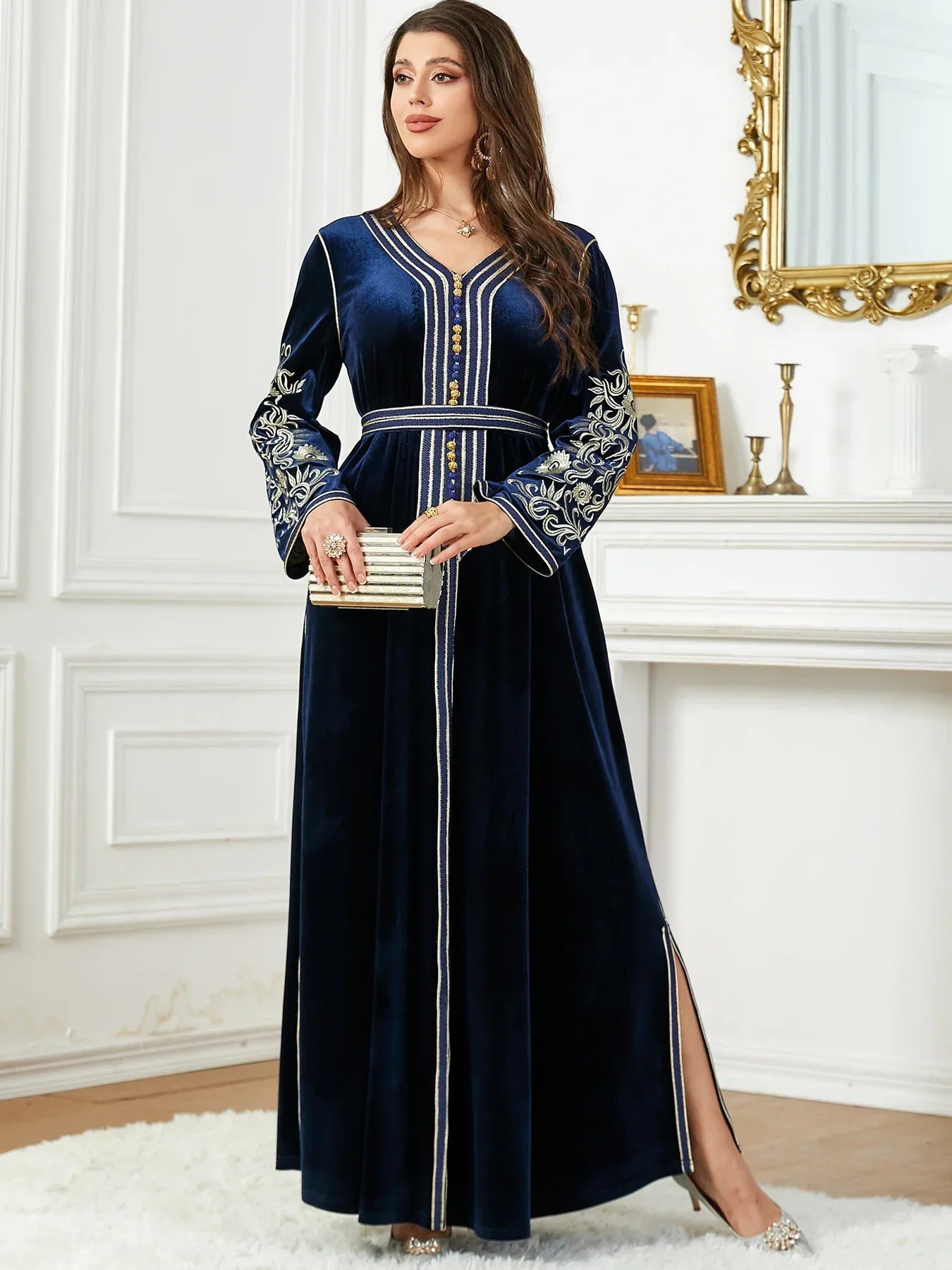 Women's Arabian Velvet Full Sleeves Embroidery Pattern Dress