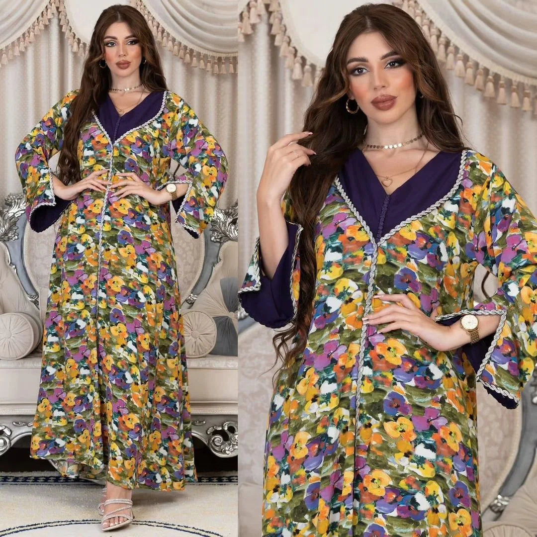 Women's Arabian Polyester Full Sleeve Floral Pattern Casual Dress