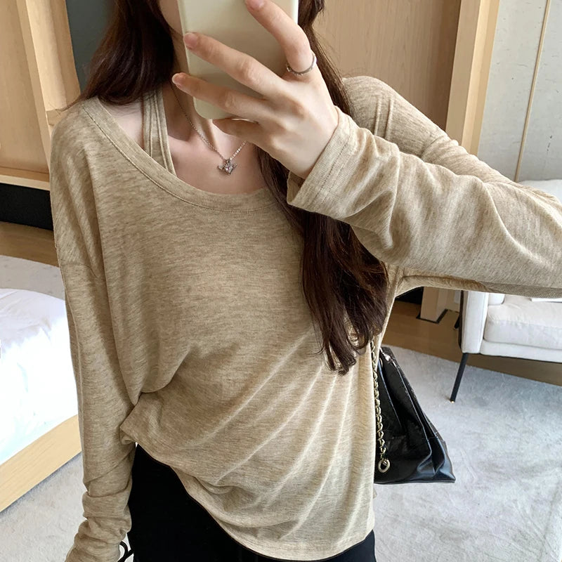 Women's Polyester O-Neck Long Sleeves Solid Pattern Pullover Tops