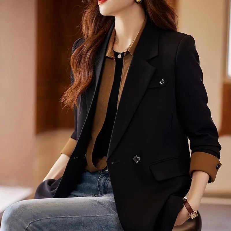 Women's Notched Collar Long Sleeve Double Breasted Chic Blazer