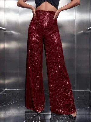 Women's Polyester Elastic Closure High Waist Sequined Trousers