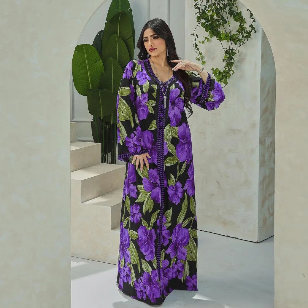 Women's Arabian Polyester Full Sleeve Floral Pattern Casual Dress