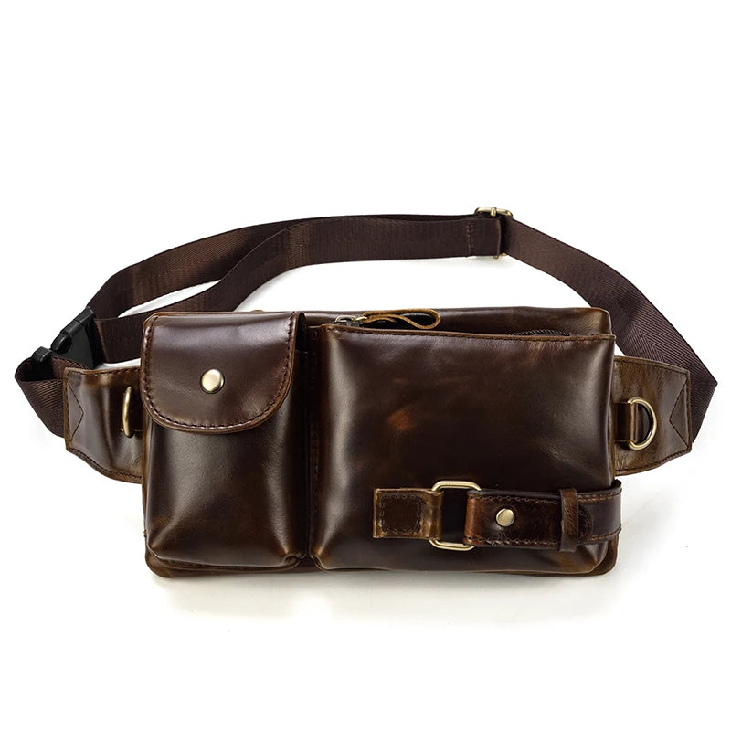 Men's Genuine Leather Solid Pattern Zipper Closure Waist Pack