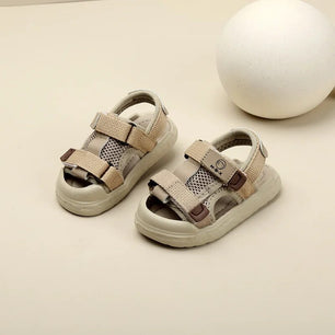 Baby's Round Open Toe Patchwork Pattern Hook Loop Closure Sandals