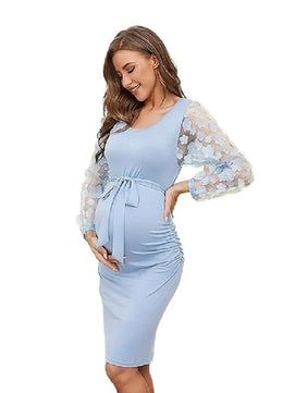 Women’s Polyester O-Neck Long Sleeves Floral Maternity Dress