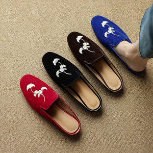 Women's Suede Round Toe Slip-On Closure Casual Embroidery Shoes