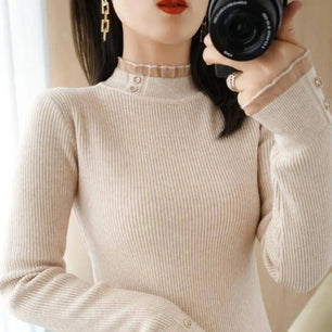 Women's Acetate Mock Neck Full Sleeves Solid Pattern Sweater