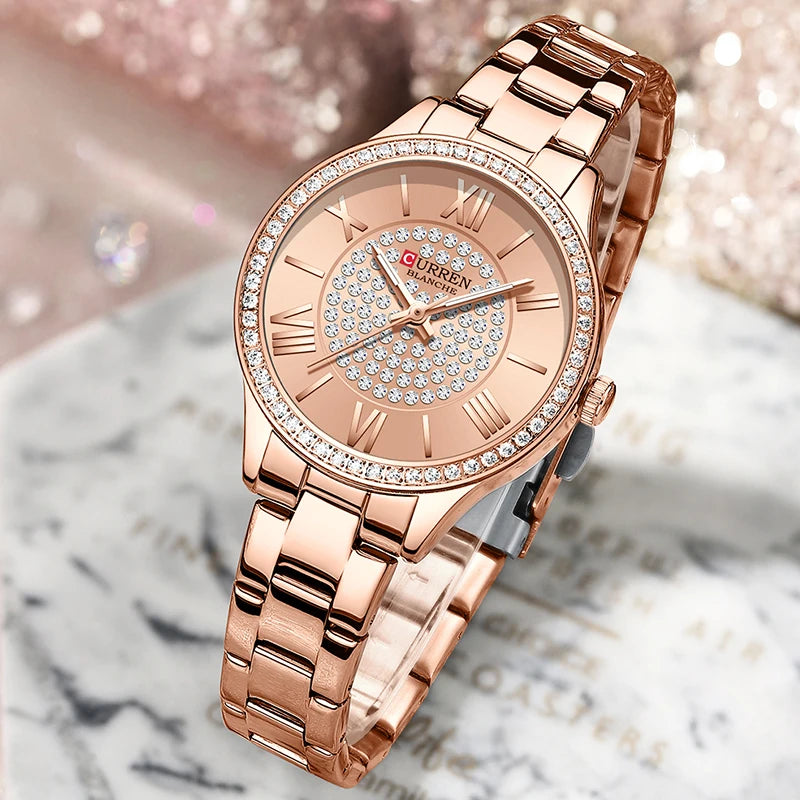 Women's Alloy Case Folding Clasp Round Waterproof Quartz Watch