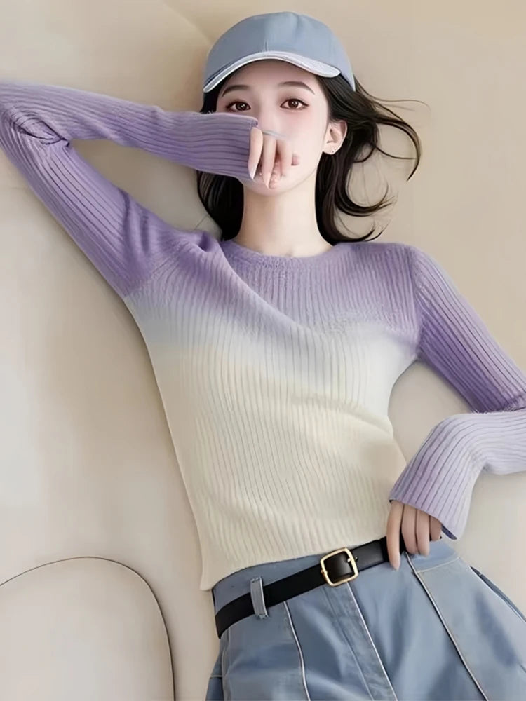 Women's Polyester O-Neck Gradient Pattern Casual Wear Sweaters