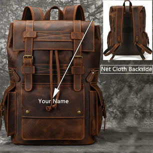 Men's Genuine Leather Zipper Closure Slot Pattern Casual Backpack