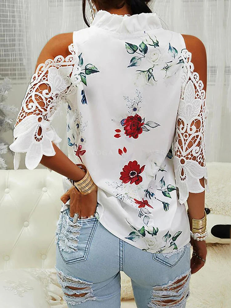 Women's Polyester Ruffle Neck Patchwork Pattern Casual Wear Blouse