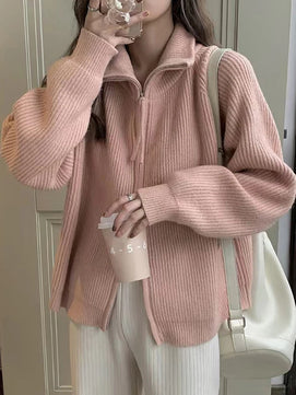 Women's Polyester Turn-Down Collar Full Sleeves Solid Cardigan