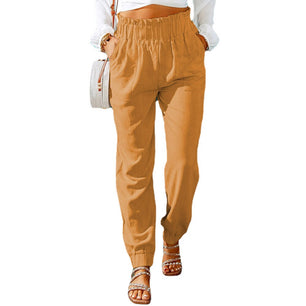 Women's Cotton Elastic Mid Waist Closure Plain Elegant Pants