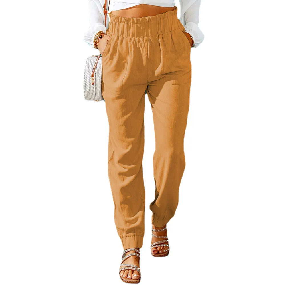 Women's Cotton Mid Waist Button Fly Closure Solid Pattern Trouser