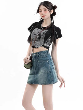 Women's Polyester High Waist Solid Pattern Casual Denim Skirts