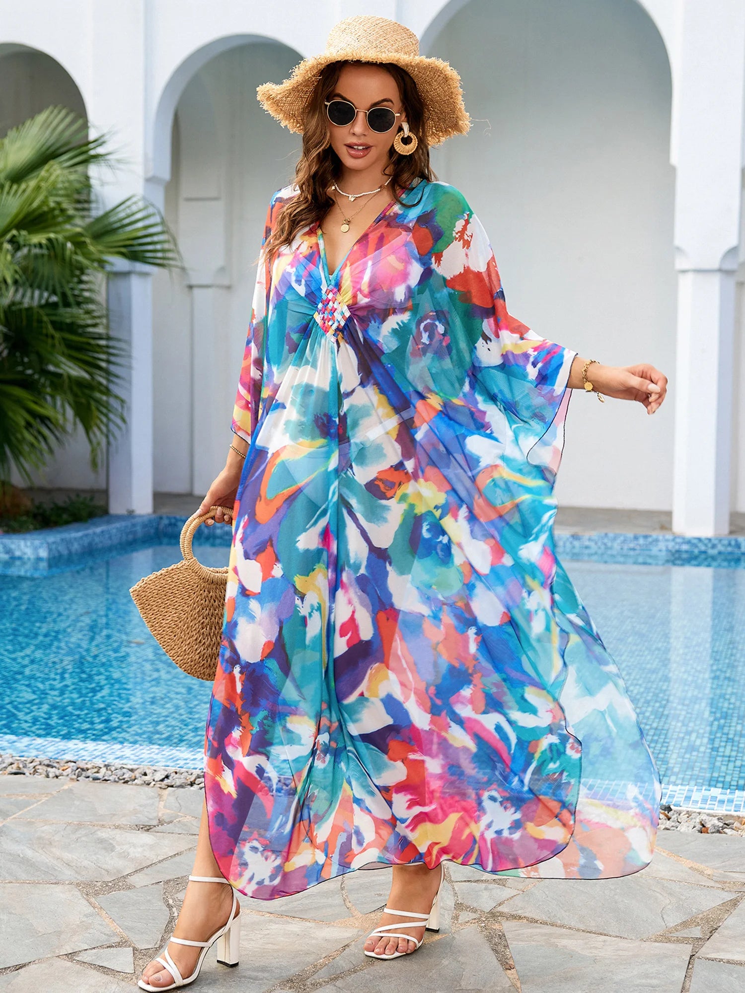 Women's Polyester V-Neck Bathing Printed Pattern Swimwear Dress