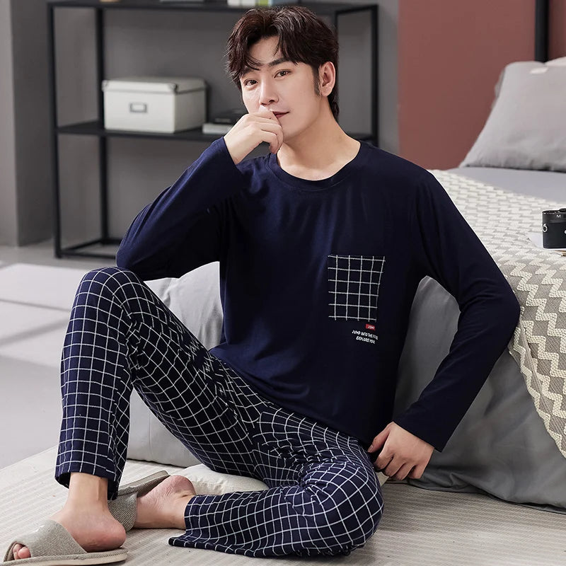 Men's Cotton O-Neck Long Sleeves Trendy Sleepwear Pajamas Set