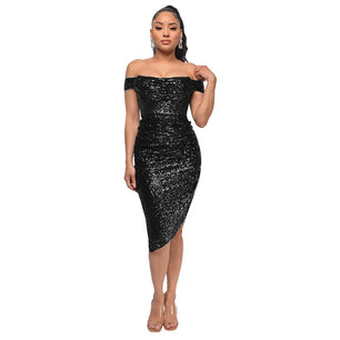 Women's Polyester Slash Neck Sleeveless Sequin Pattern Party Dress