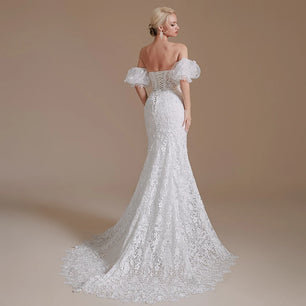 Women's Sweetheart-Neck Off-Shoulder Sweep Train Wedding Dress