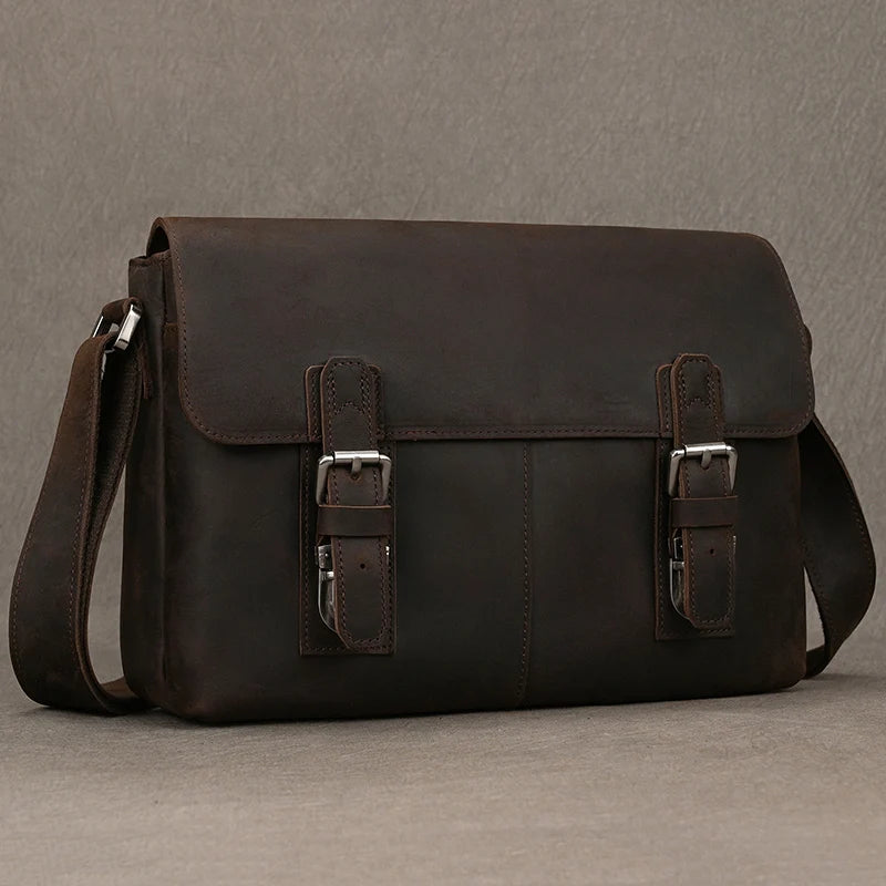 Men's Genuine Leather Zipper Closure Solid Pattern Shoulder Bag