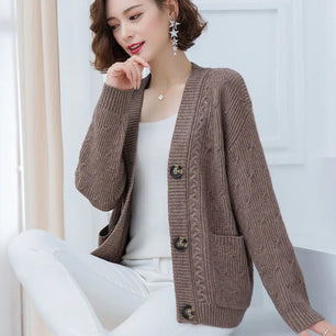 Women's Acrylic V-Neck Long Sleeve Knitted Casual Wear Cardigan