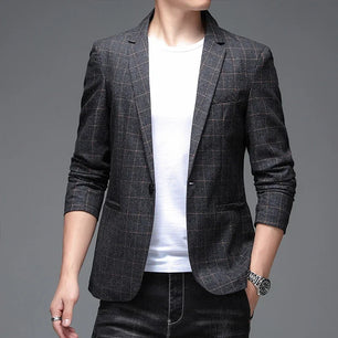 Men's Viscose Notched Long Sleeve Single Breasted Plaid Blazer