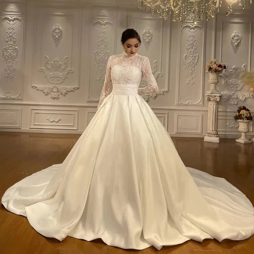 Women's Satin High-Neck Long Sleeves Court Train Wedding Dress