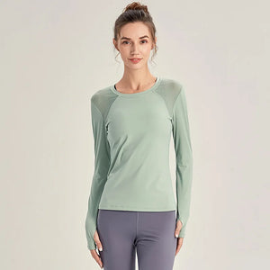 Women's Polyester O-Neck Long Sleeves Fitness Workout Yoga Top