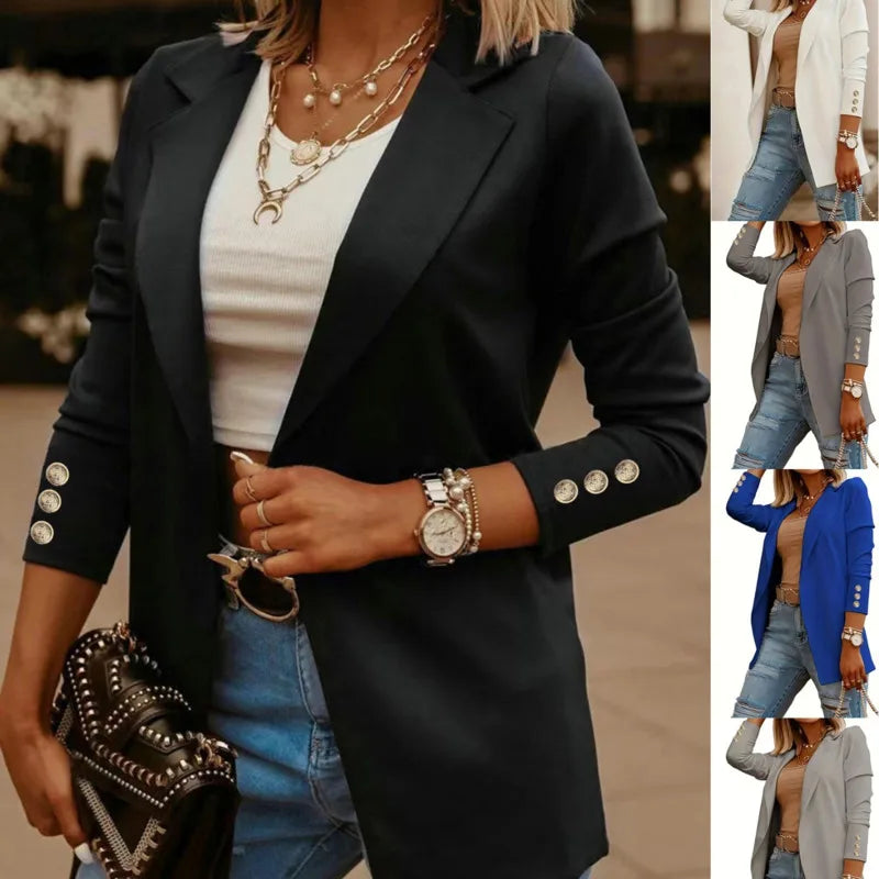 Women's Cotton Notched Long Sleeves Trendy Single Button Blazer