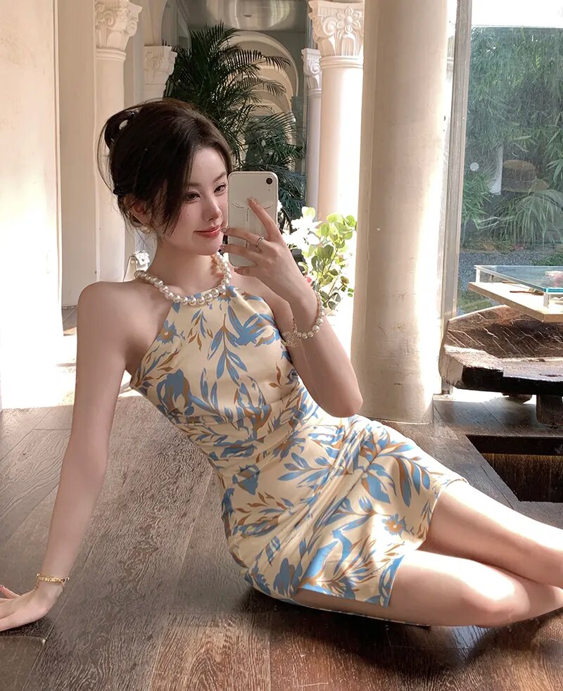 Women's Polyester O-Neck Sleeveless High Waist Floral Dress