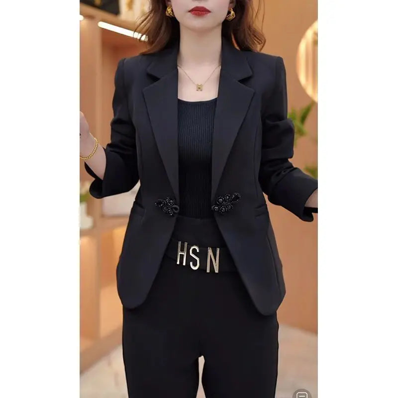 Women's Polyester Notched Collar Long Sleeve Single Button Blazer