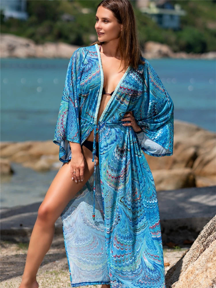 Women's Polyester Long Sleeves Printed Pattern Bathing Cover Up