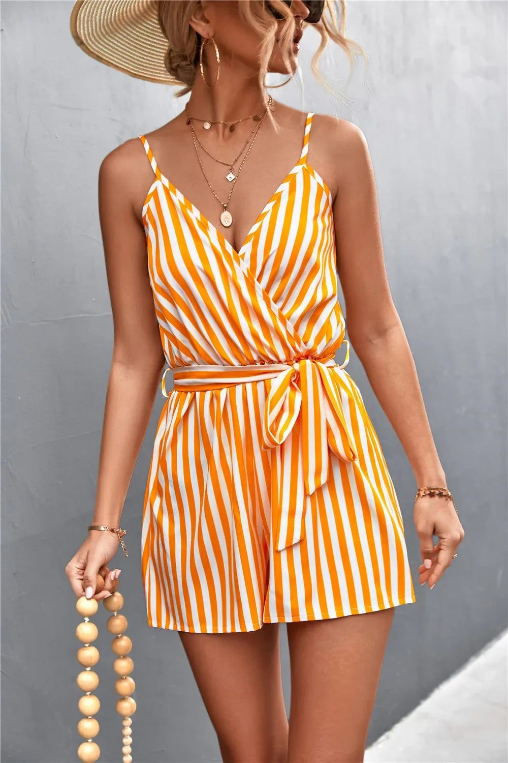 Women's Polyester V-Neck Sleeveless Striped Pattern Jumpsuit