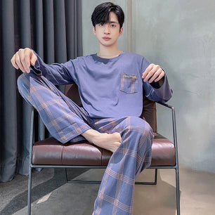 Men's Cotton O-Neck Long Sleeves Trendy Sleepwear Pajamas Set