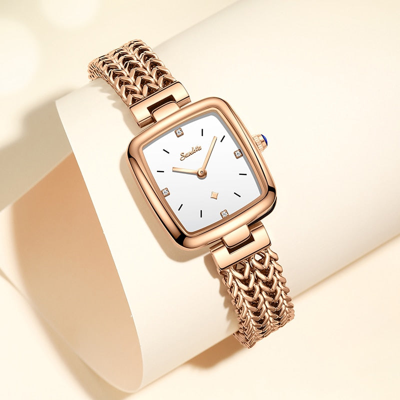 Women's Stainless Steel Case Push Button Hidden Clasp Watch