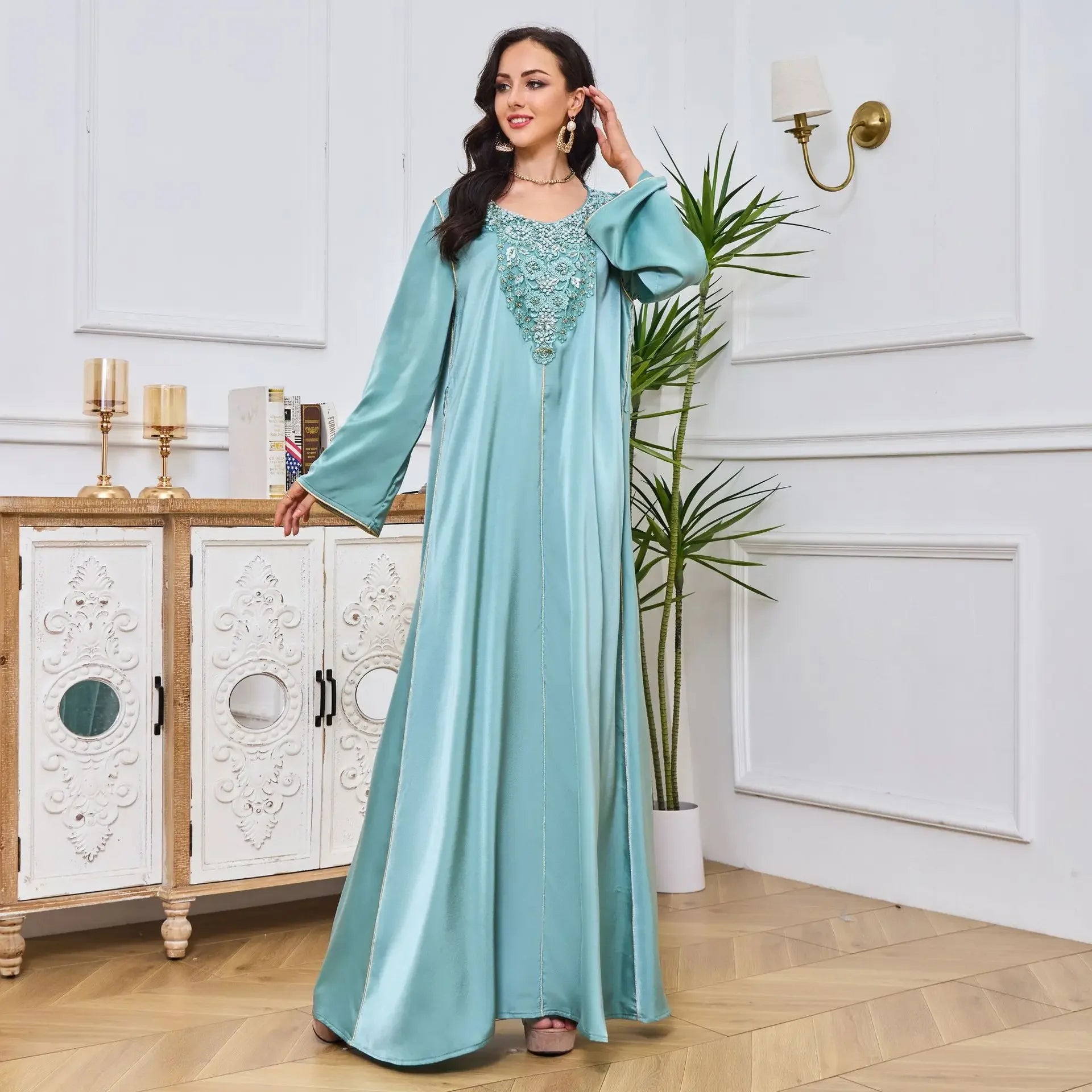 Women's Arabian Polyester Full Sleeve Beaded Pattern Casual Dress