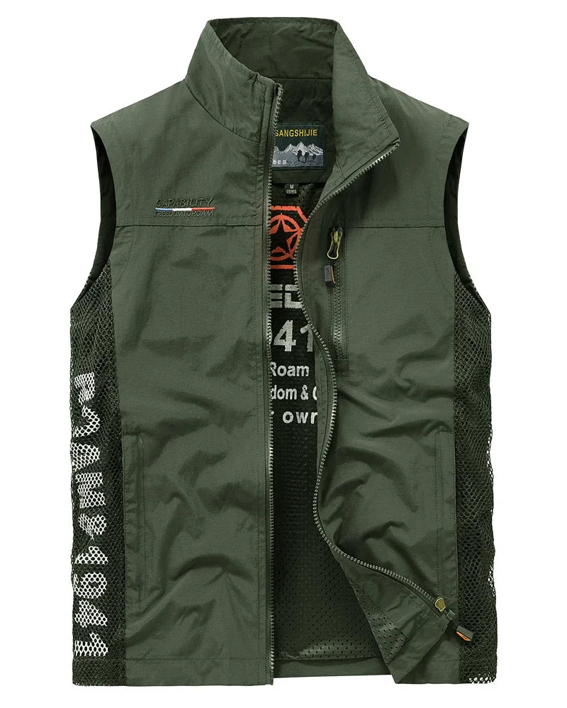 Men's Polyester Stand Collar Sleeveless Zipper Closure Solid Jacket