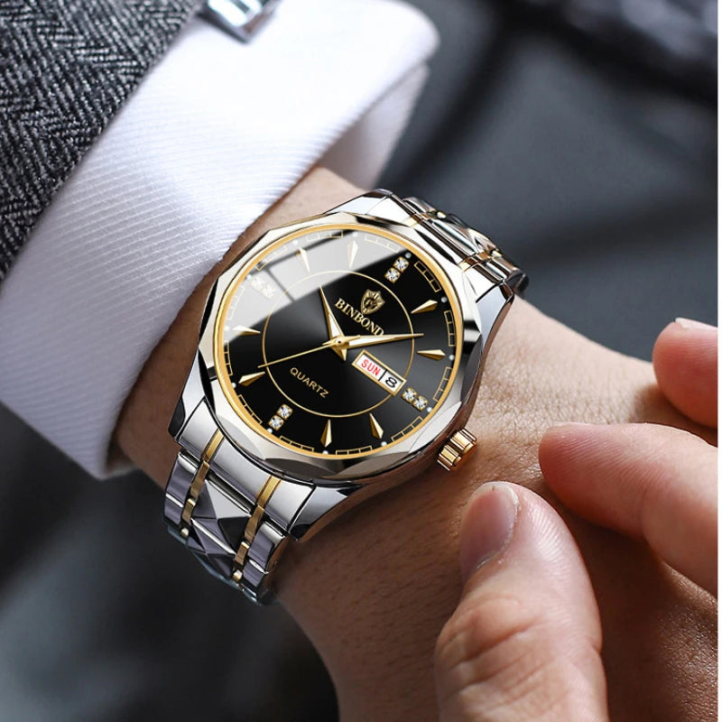 Men's Stainless Steel Push Button Hidden Clasp Round Watches