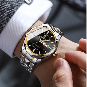 Men's Stainless Steel Push Button Hidden Clasp Round Watches