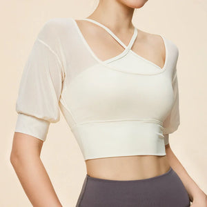 Women's Nylon V-Neck Short Sleeves Breathable Yoga Crop Top