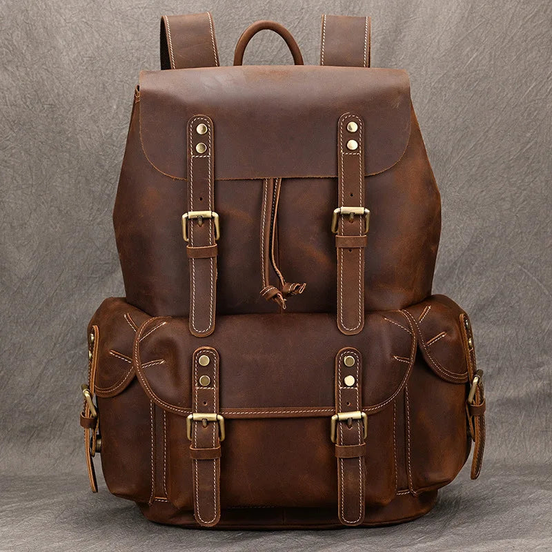 Men's Genuine Leather String Closure Solid Pattern Backpack